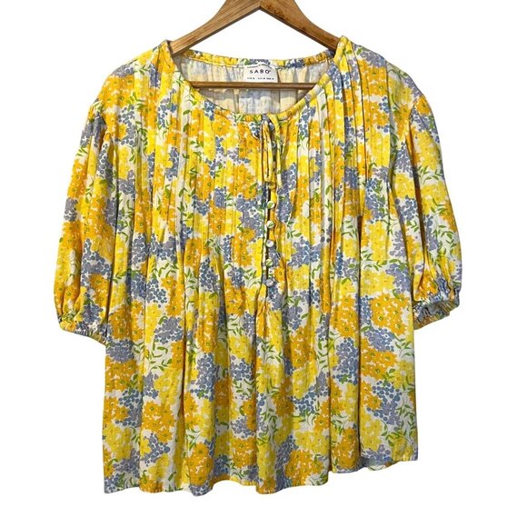 Sabo Skirt Leta Floral Linen Peasant Blouse Top S Boho Summer Cottagecore - Picture 2 of 6